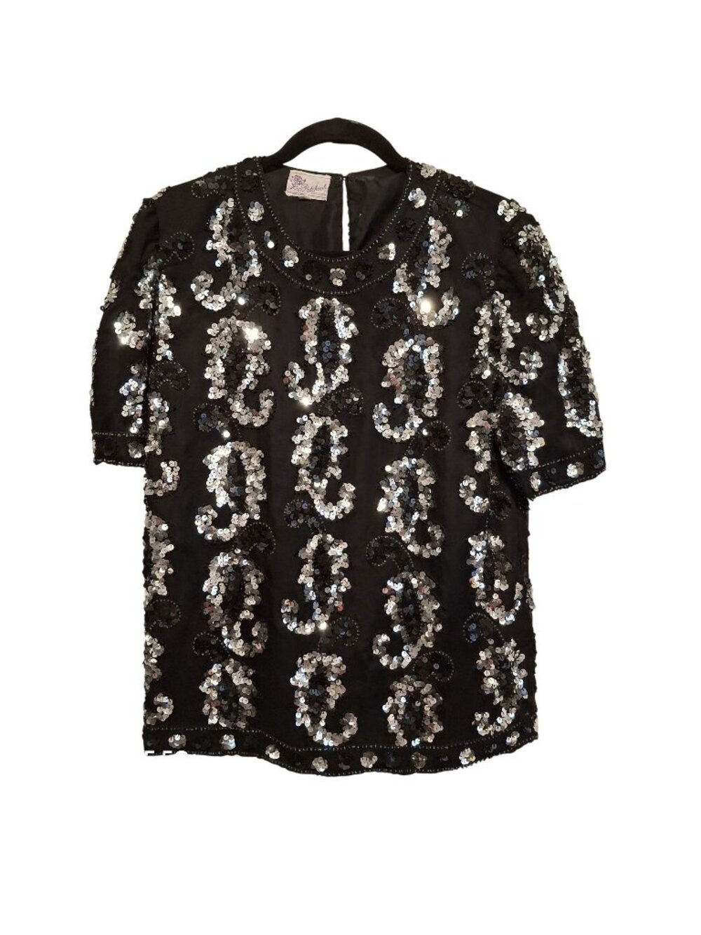 Black Sequin Beaded Short-Sleeve Top With Hook Closure By Patchouli Retro Artsy